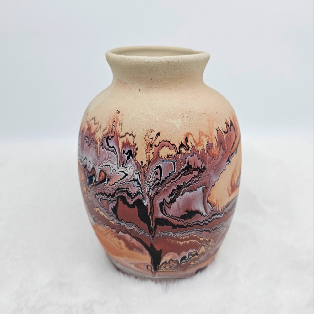 Nemadji Pottery Vase brown Swirl Vintage Canoe Stamp